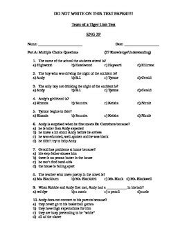 Tears of a Tiger Unit Test by High School Resources